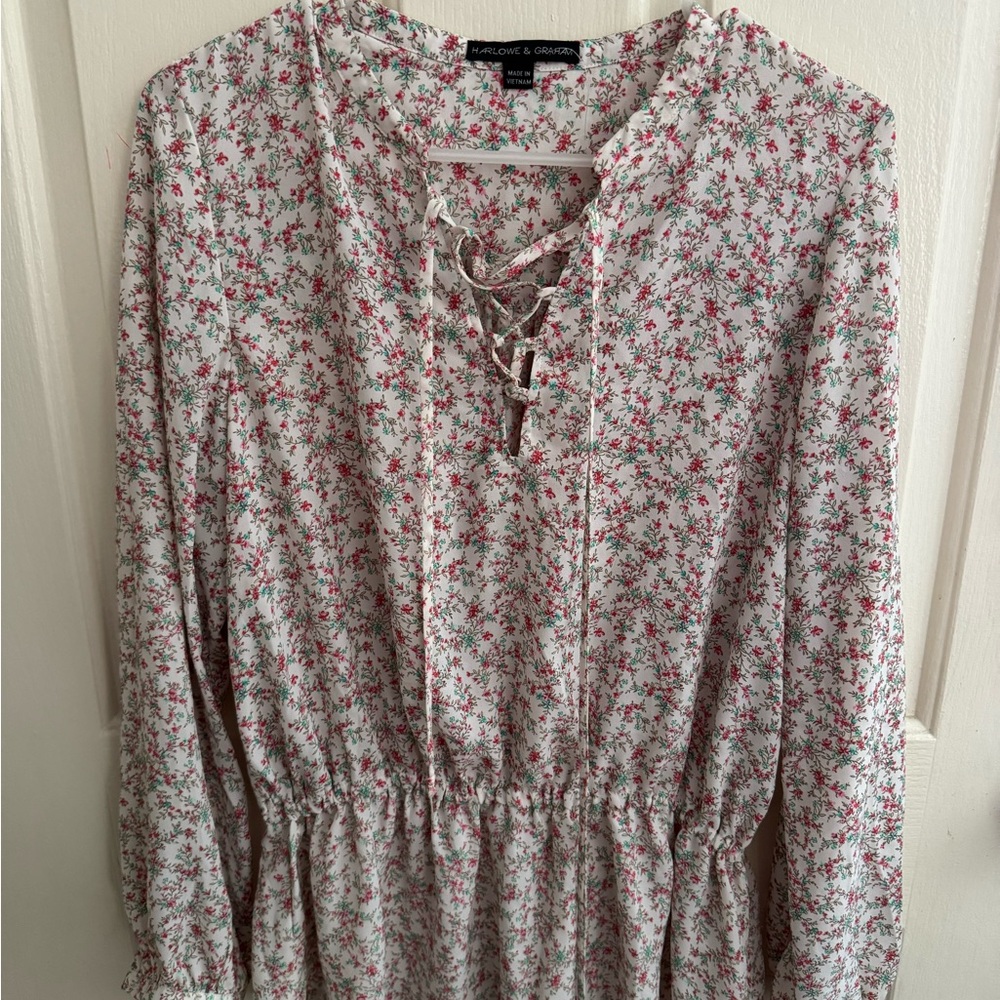 Harlowe & Graham Floral Lace-Up Blouse - White and Pink